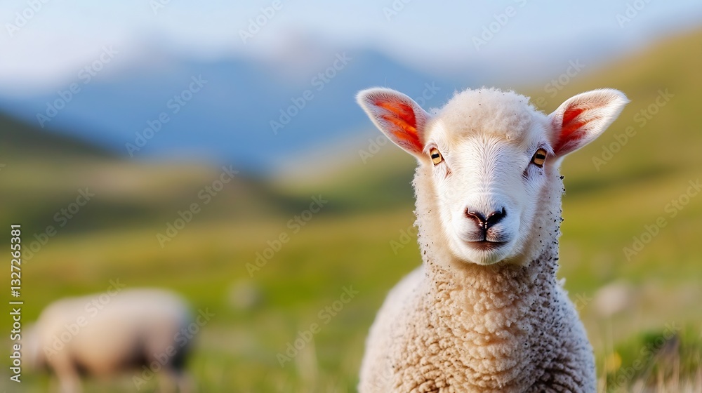 Poster close up of a curious sheep in a lush green pasture with mountains in the background under bright sk