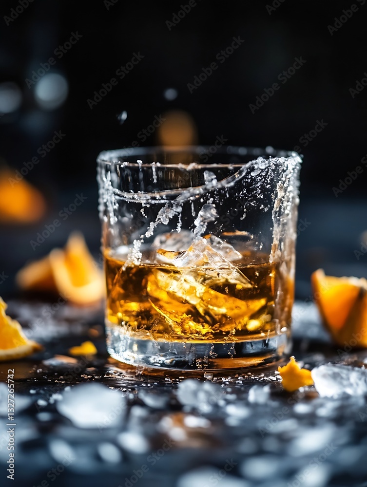Poster whiskey cocktail splashing in a glass with citrus garnish and ice cubes : generative ai