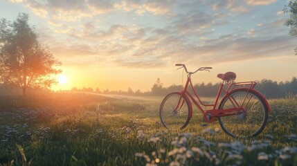 Fototapeta premium A beautiful red bike in the countryside. The sun is rising in the background 