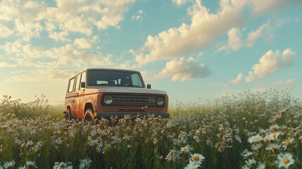 The vast green expanse stretches endlessly around the vehicle, kissed by golden sunlight.