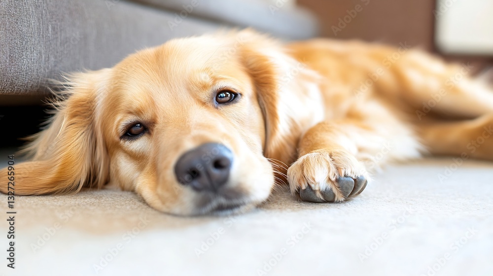Poster adorable golden retriever dog resting peacefully on a soft carpet indoors exuding a sense of calm an
