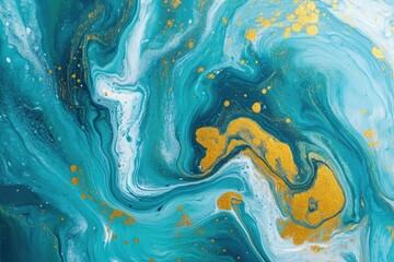Abstract Fluid Art Painting Teal Gold Swirls Marble Texture Background Design