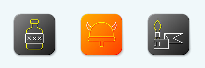 Set line Whiskey bottle, Viking in horned helmet and Medieval spear icon. Vector