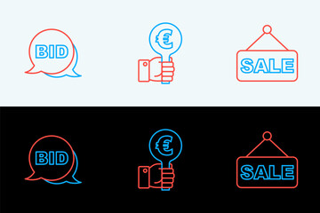 Set line Price tag with Sale, Bid and Hand holding auction paddle icon. Vector