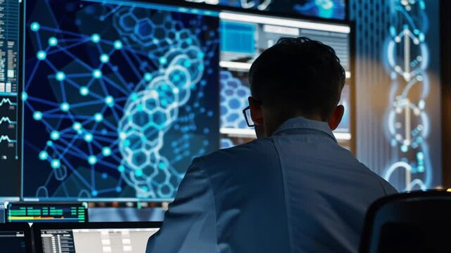 Arzt analysiert medizinische DNA-Daten auf Monitor