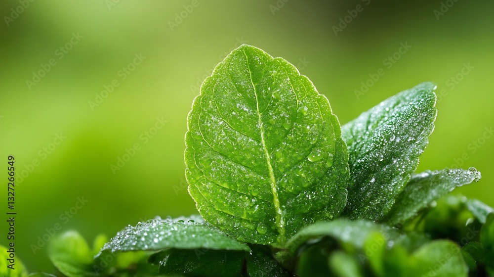Poster close up of vibrant green mint leaves covered in fresh water droplets with a soft blurred background