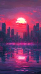 Fototapeta premium A beautiful city skyline reflecting on tranquil water under sunset skies