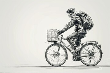 Obraz premium A cyclist with a backpack rides through a minimalistic landscape, showcasing urban mobility and sustainable travel.