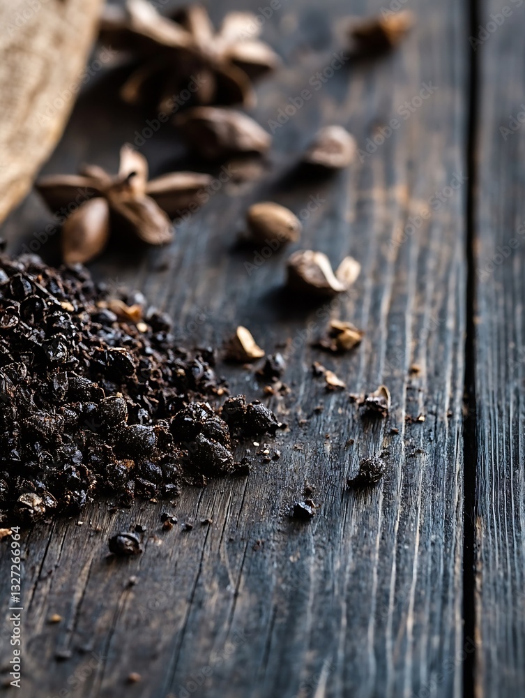 Poster closeup of anise seeds and spices scattered across a rustic wooden surface highlighting organic culi