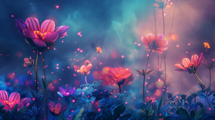 Dreamy Glowing Flowers in a Mystical Night Garden with Ethereal Lighting and Soft Fantasy Atmosphere

