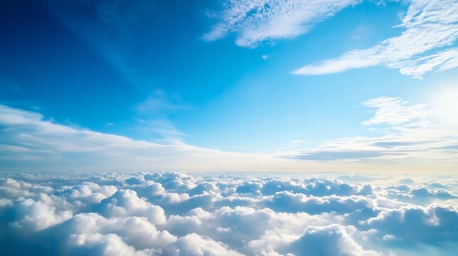 Vast expanse of beautiful clouds against a bright blue sky illuminated by sunlight : Generative AI
