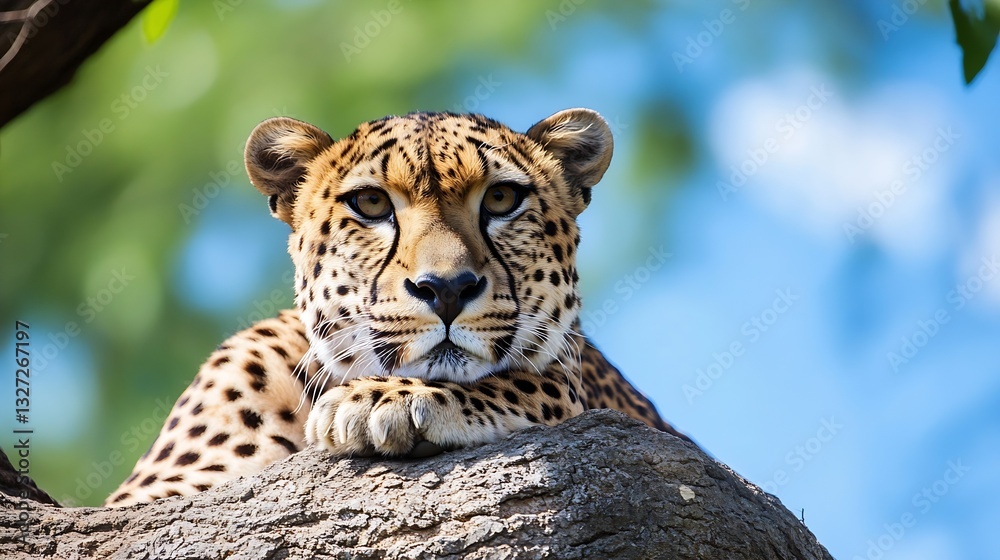 Poster Majestic Leopard Relaxing on a Tree Branch Against a Blurred Green Background : Generative AI