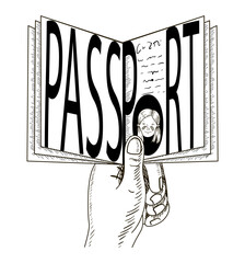 Word "Passport" is drawn, and a hand is holding it. The letter "O" is depicted as a photograph of a girl. Vector illustration in black isolated on a white background.