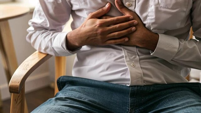 Mann h&auml;lt schmerzenden Bauch in Nahaufnahme