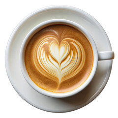 A beautifully crafted cup of coffee features heart shaped latte art displayed on a white saucer creating a warm morning atmosphere