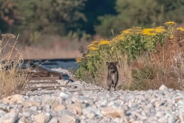 Obraz premium A small animal is walking on a rocky path near a train track