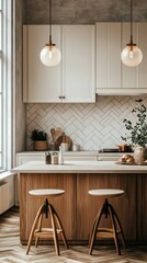 Modern kitchen interior with wooden elements, elegant lighting, and minimalistic decor in bright natural light