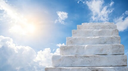 Stairway to Heaven with Bright Sunlight and Fluffy Clouds Symbolizing Hope and Aspiration : Generative AI