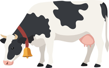 A black and white cow with a bell around its neck in a flat, minimal design vector illustration