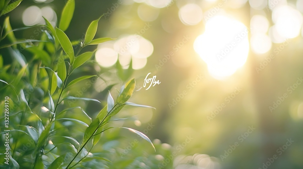 Poster soft sunlight filters through lush green leaves creating a serene and warm atmosphere ideal for rela
