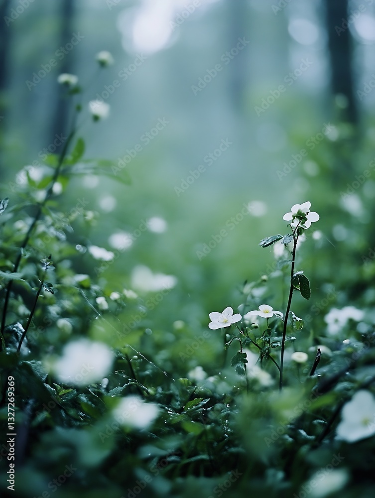 Poster idyllic forest scene featuring delicate white flowers with dew in a lush green environment under sof