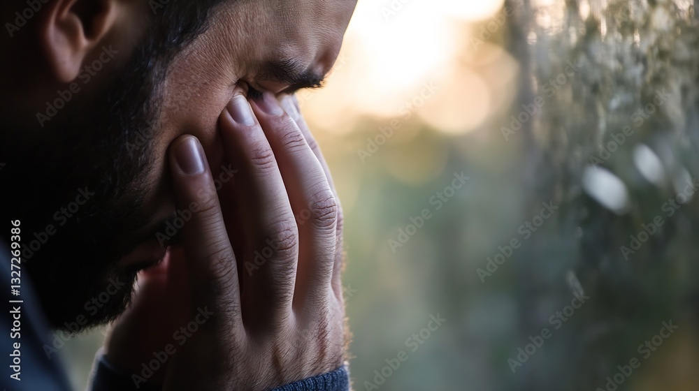 Poster Reflective Moment of a Man Experiencing Sadness While Looking Out the Window with a Soft Focus Background : Generative AI