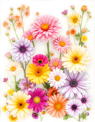 collage of colorful flowers from summer garden in milk water. White tone