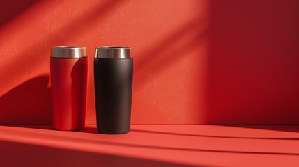 Fototapeta premium Two Mugs on Red Background with Shadow for Promotional Use