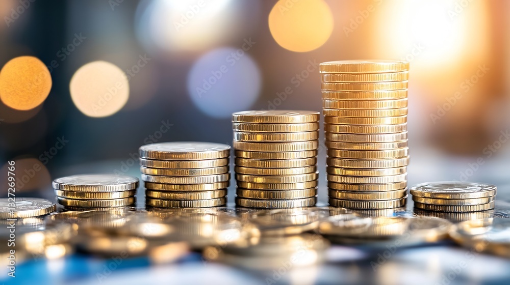 Leinwandbilder stacks of coins arranged in columns showcasing financial growth and investment wealth accumulation :