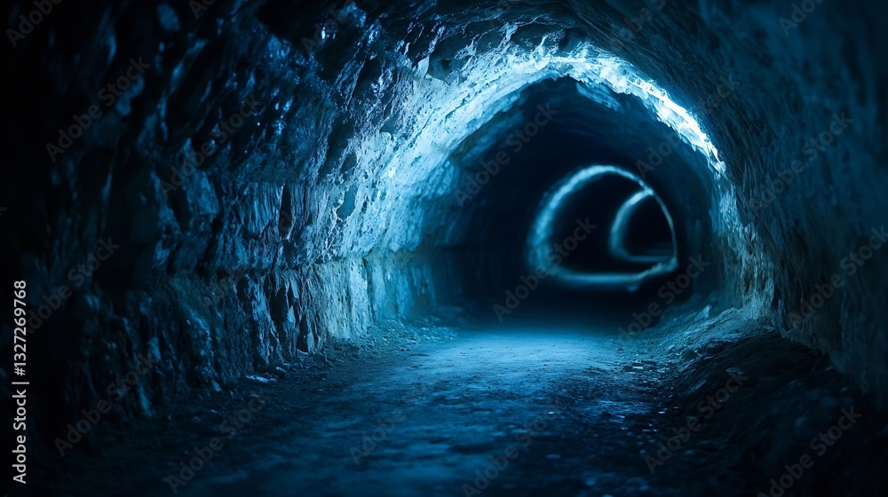 Poster mysterious underground tunnel with ethereal blue light lighting the path : generative ai