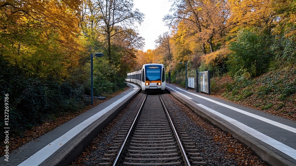 Poster autumn landscape with a train approaching down a scenic track surrounded by colorful foliage : gener