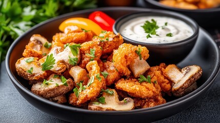 Fototapeta premium Deep fried chicken and beer Crispy fried mushrooms served with a creamy dip and garnished.