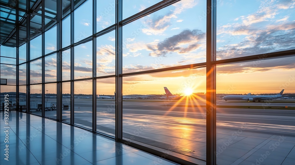 Poster airport terminal view showcasing sunset over runways with planes parked at the gate : generative ai