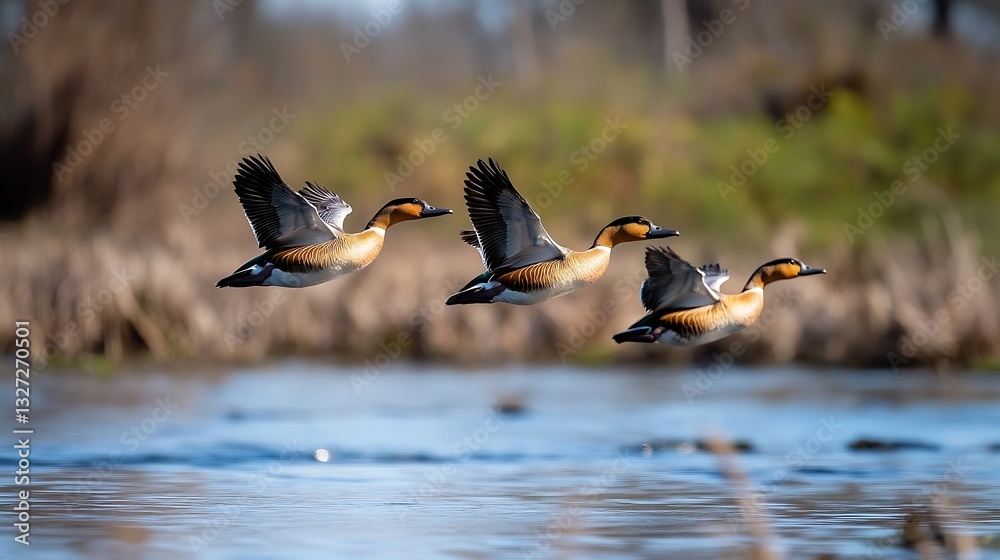Poster a fascinating moment captured of ducks flying gracefully over a calm tranquil lake : generative ai