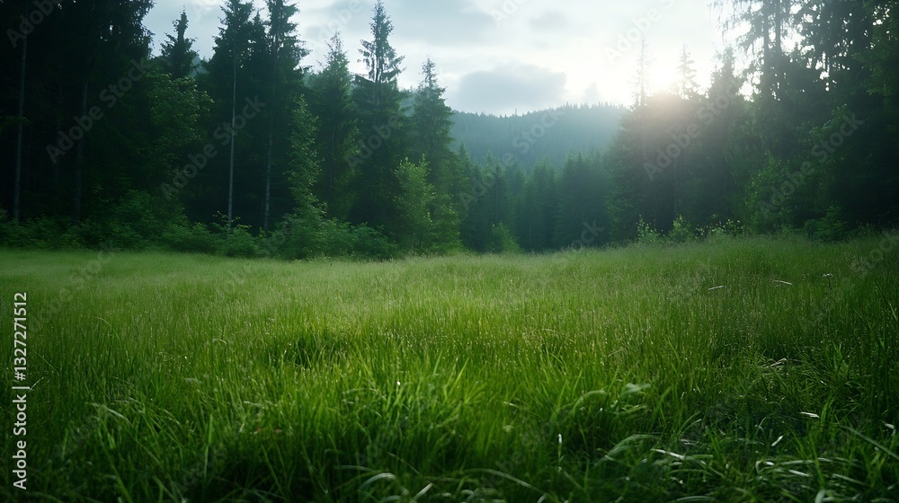 Fototapete lush green forest clearing illuminated by soft sunlight filtering through trees : generative ai