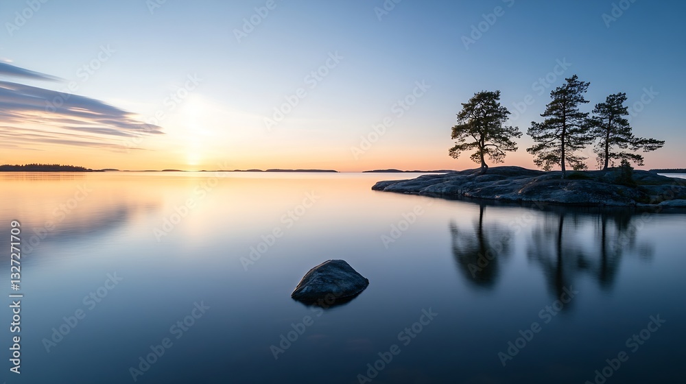 Poster calm waters reflecting a picturesque sunset behind trees on a tranquil island : generative ai