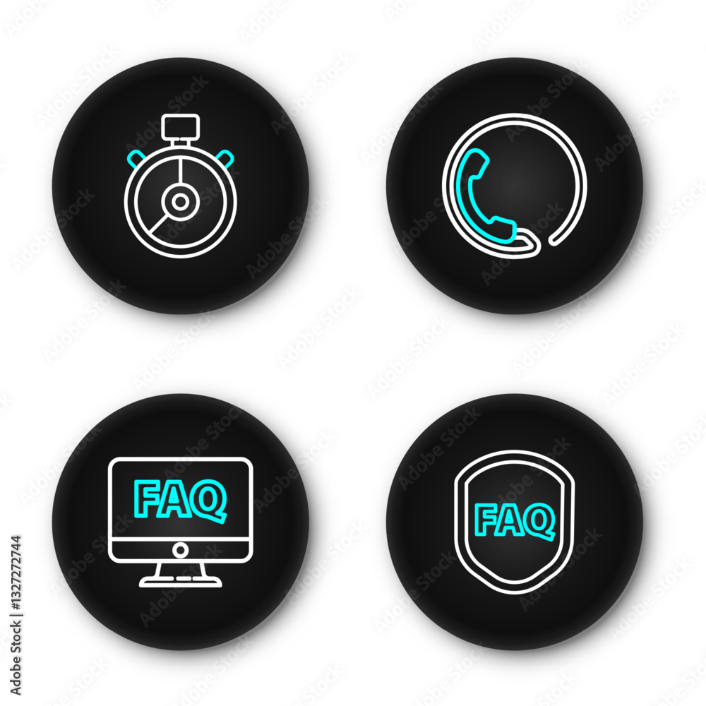 Poster set line shield with text faq, computer monitor and, telephone 24 hours support and stopwatch icon. 