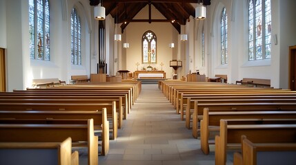 Inviting interior of a modern church featuring wooden pews and beautiful stained glass windows : Generative AI