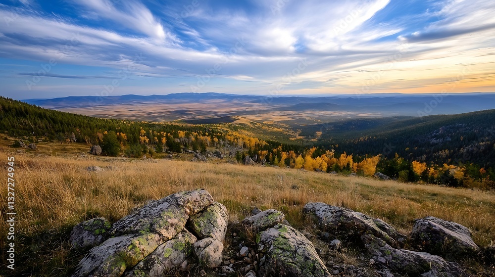 Poster scenic panoramic view of autumn landscape showing mountains and golden trees under a blue sky with c