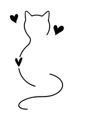 Cat silhouette with curved tail and hearts. Pet, Domestic Cat, Feline Affection, Love for Animals, Cat Lover's Design.


