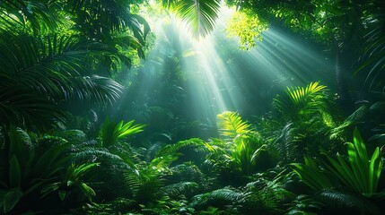 Sunbeams in lush tropical jungle