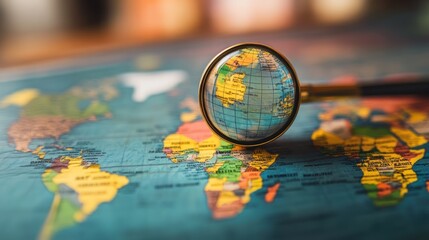 Vintage world map with magnifying glass over globe,  blurred interior background, exploration concept