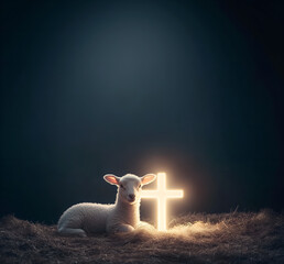 religious banner with copy space over dark background and innocent lamb laying next to glowing cross; easter good friday symbol, faith, blessing, 