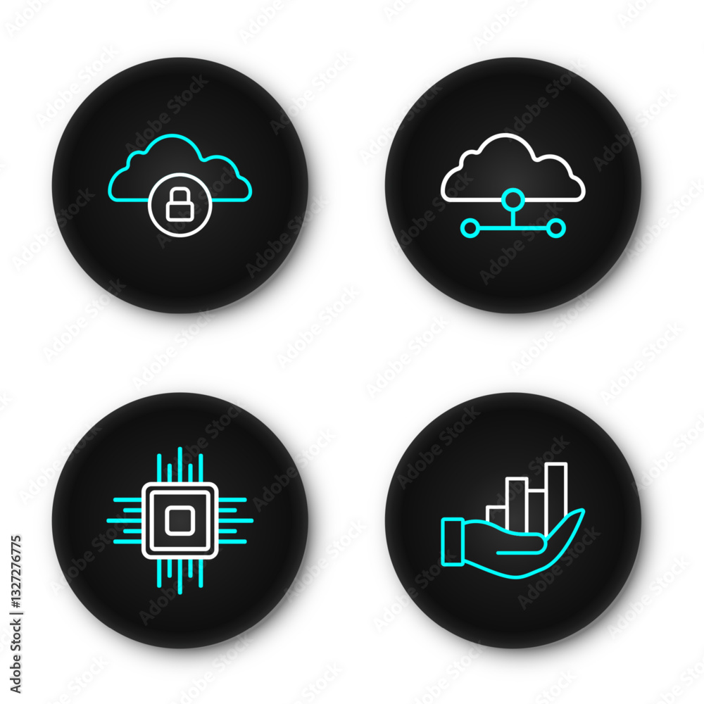 Poster Set line Pie chart infographic, Processor CPU, Network cloud connection and Cloud computing lock icon. Vector