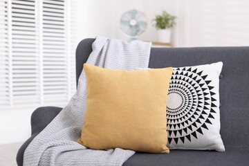 Soft decorative pillows and blanket on sofa in room