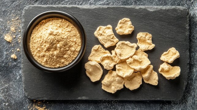 Dried maca and maca in powder form laid out on a slate. 