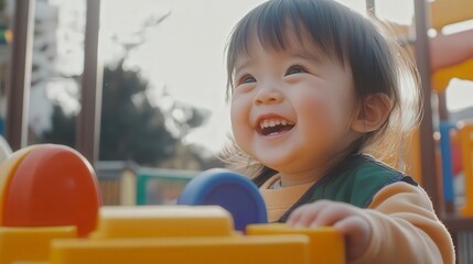 close up of child in the playground, child playing with toys