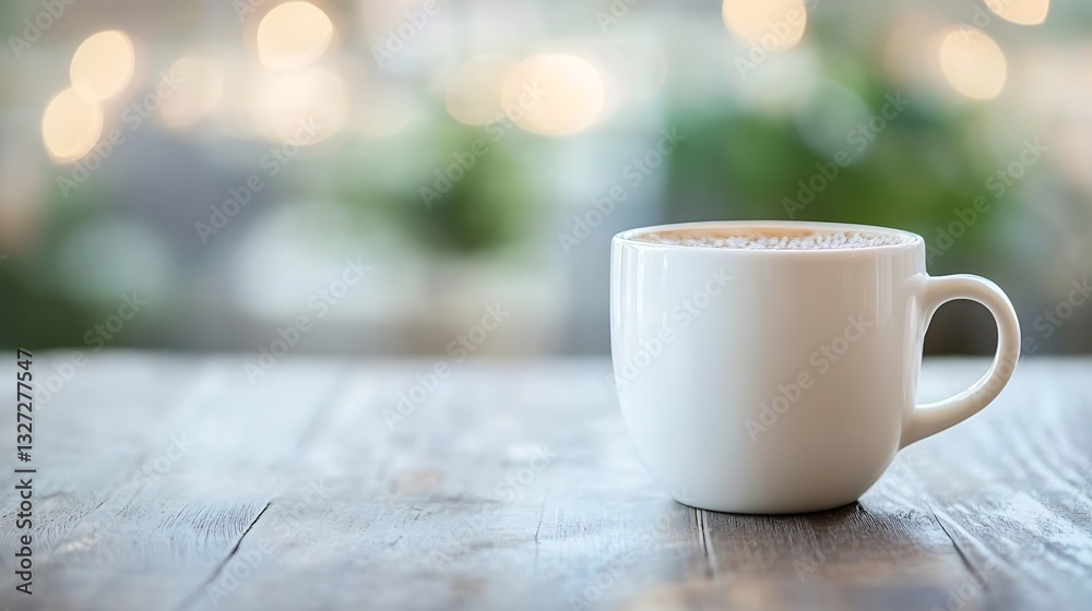 Poster warm cup of coffee on rustic wooden table with a soft blurred background ambiance : generative ai
