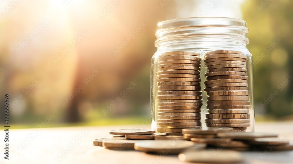 Poster Glass jar filled with coins on a wooden table illuminated by sunlight in a natural setting : Generative AI