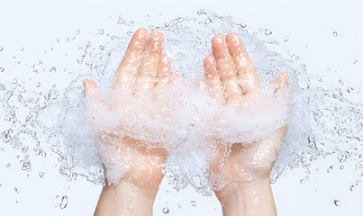 Hands Holding Splashing Water with Bubbles and Clear Background